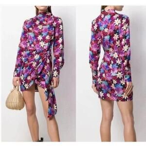 PINKO Dress Floral Silk Blend Long Sleeve Faux Wrap Sheath Mini Pink Multi Small